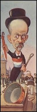 A satirical cartoon of Lépine, wielding an umbrella and a frying pan. Circa early 1900's
