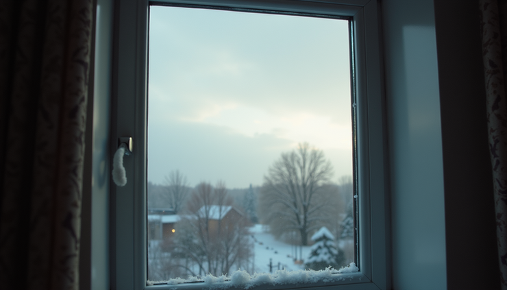 Eye-level view of a window showing a gray, cloudy winter day with limited sunlight
