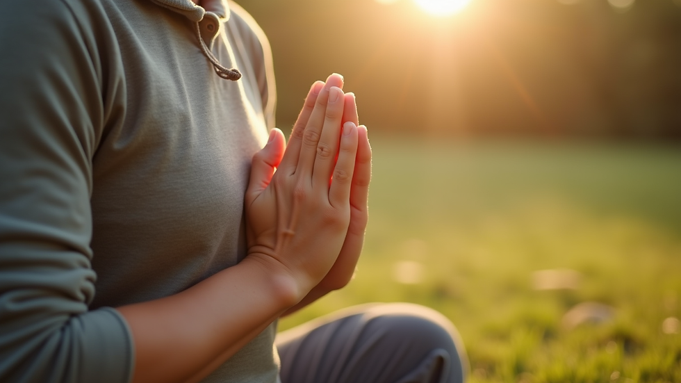 Close-up view of a person practicing deep breathing exercises outdoors