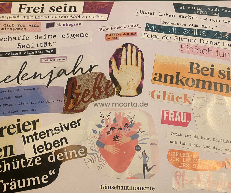 Ein buntes Visionboard mit inspirierenden Worten, Symbolen und Bildern, die Mut, Freiheit und innere Stärke repräsentieren. Es ist kreativ gestaltet und voller positiver Botschaften, die auf die Gestaltung eines neuen Wegs hinweisen. Das Bild symbolisiert die Kraft eines Visionboards, um neue Ziele zu setzen und Orientierung zu finden, wenn man sich verloren fühlt.