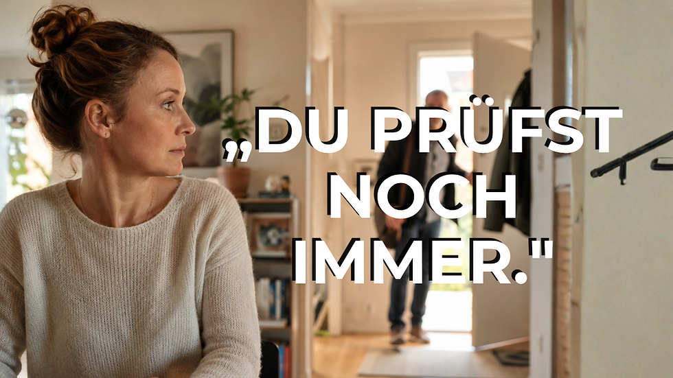 Erwachsene Frau hält in einer Wohnung angespannt inne, als sie hört, wie jemand durch die Haustür kommt – Sinnbild für Wachsamkeit nach Erfahrungen in einer dysfunktionalen Familie.