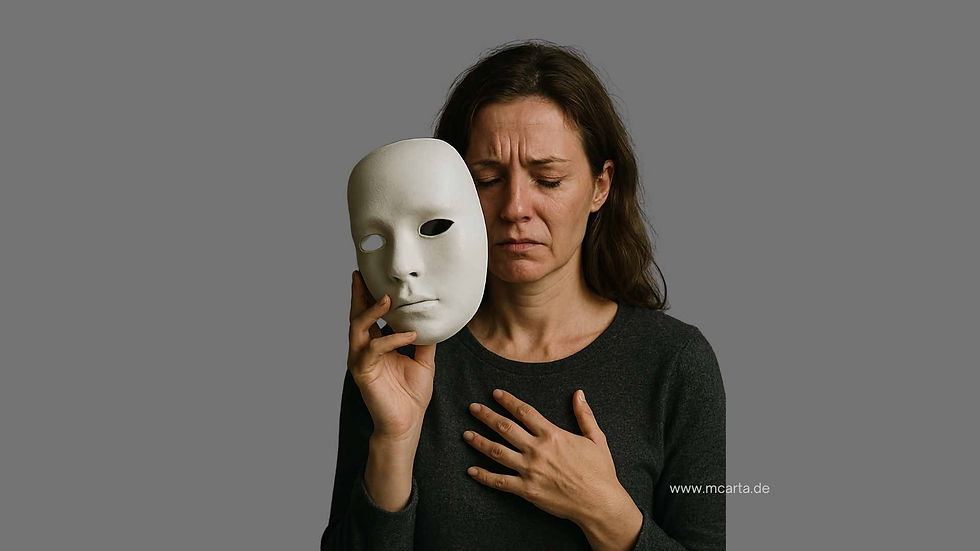 Eine Frau hält eine Maske in der Hand und zeigt Emotionen – Sinnbild für das Ablegen von Selbsttäuschung und das Erkennen der eigenen Wahrheit.