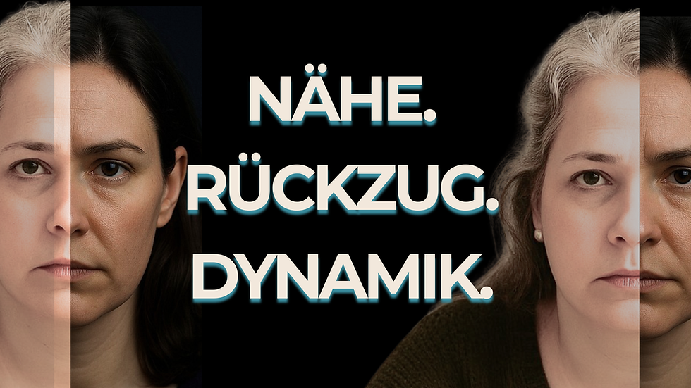 Bildmontage mit zwei Gesichtern, die jeweils halb gezeigt werden – symbolisch für die innere Spannung einer Kümmerer & Vermeider Beziehung. In der Mitte stehen die Worte „Nähe. Rückzug. Dynamik.“ und zeigen die emotionale Bewegung zwischen Bindung und Distanz auf.