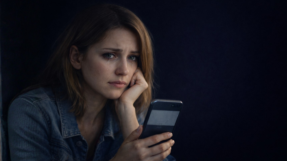 Frau schaut angespannt auf ihr Handy und wirkt verunsichert – emotionale Abhängigkeit von Reaktionen und fehlende Antwort im Alltagannt auf ihr Handy und wirkt verunsichert – emotionale Abhängigkeit von Reaktionen und fehlende Antwort im Alltag