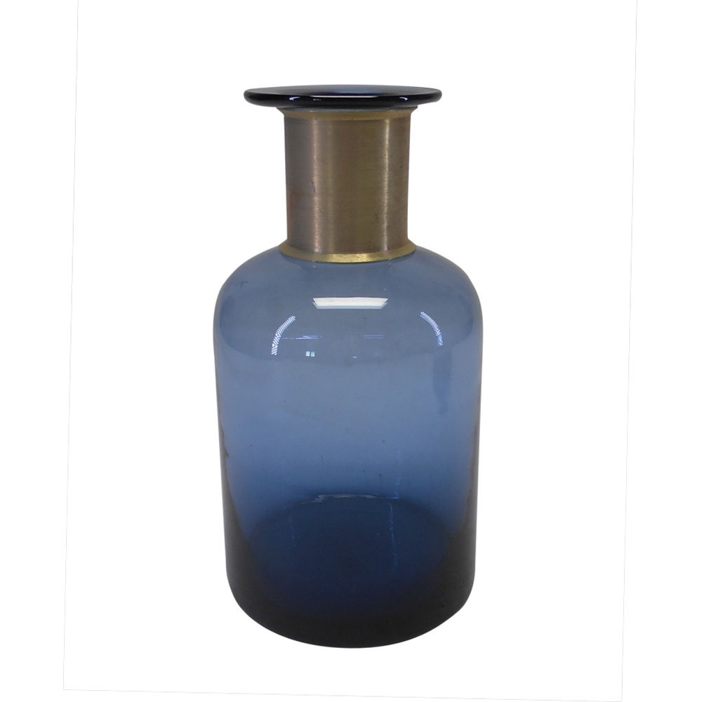 Vaso em vidro transparente azul com gargalo em metal dourado P