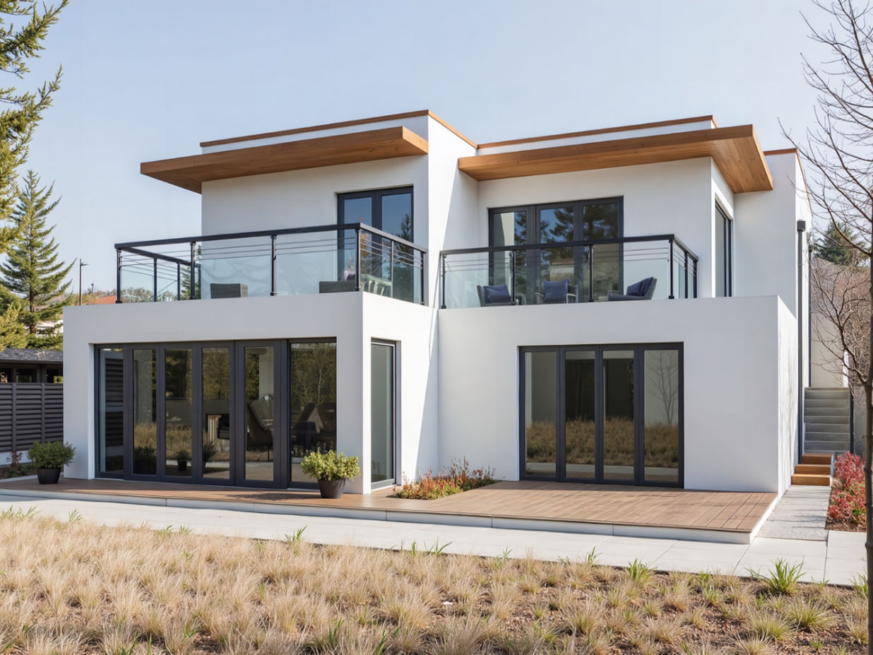 Rear 3D view of a modern two story residential home with white stucco walls, large black windows and wood accent elements.