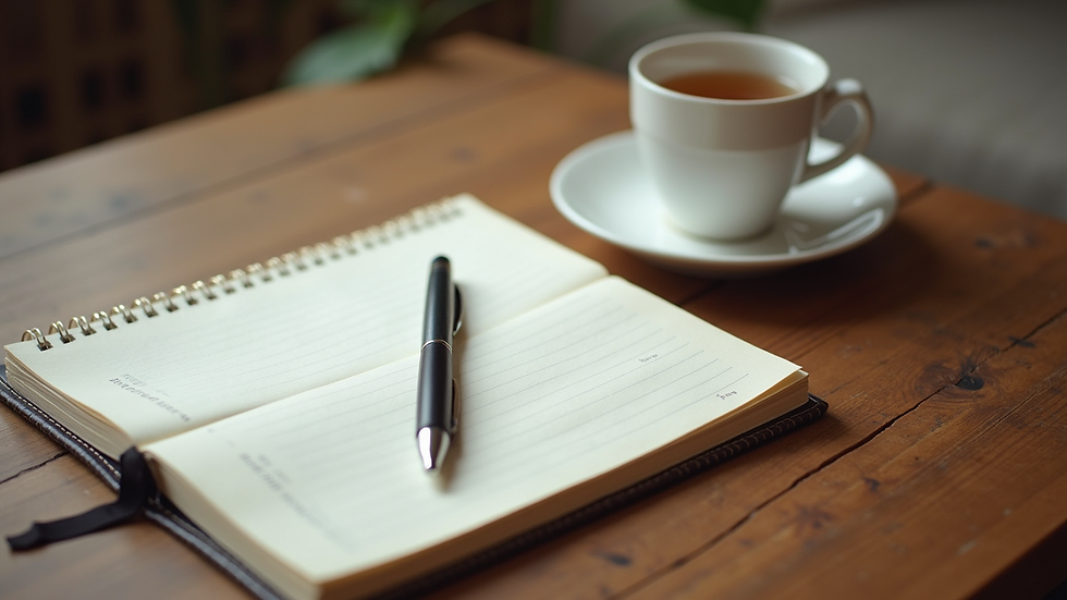 High angle view of a journal, pen, and cup of herbal tea on a wooden table