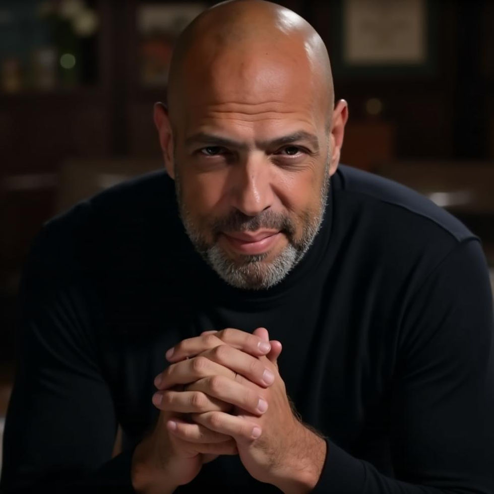 איש מחייך, גבר קירח מחזיק את ידיו יחד. Smartshot Ai