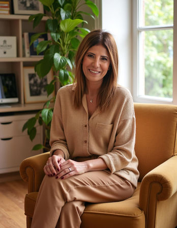 אישה מחייכת יושבת על כורסה בצבע חרדל, בתוך בית קפה