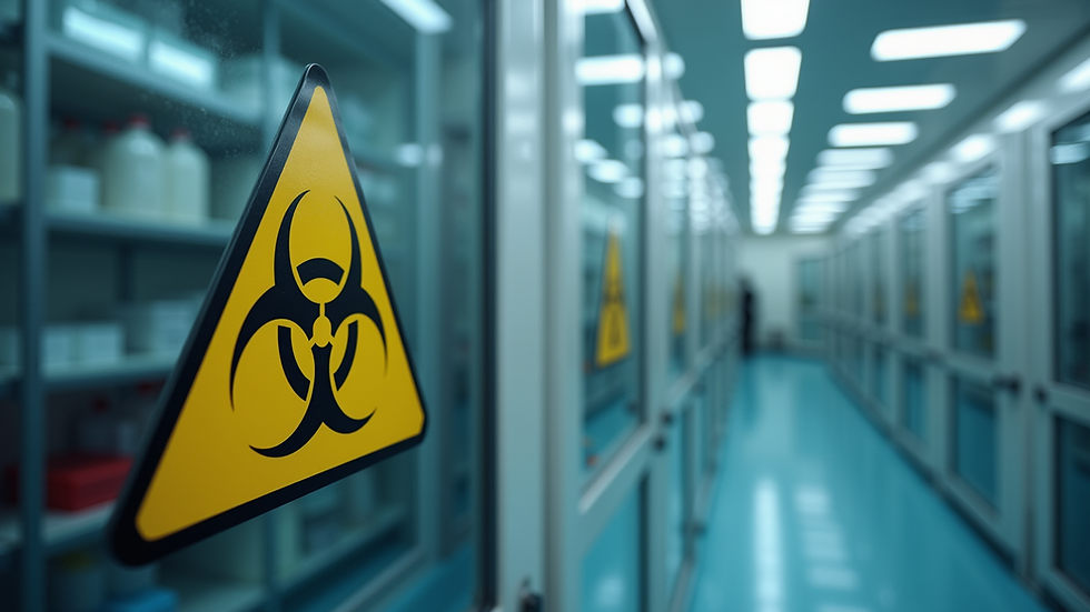 Close-up view of a laboratory safety cabinet with biohazard symbols