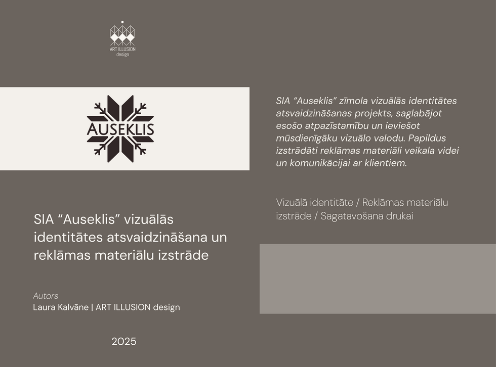 SIA “Auseklis” zīmola vizuālās identitātes prezentācijas pirmais slaids ar primāro logotipu, projekta aprakstu un autora norādi uz neitrāla, pelēkbrūna fona.