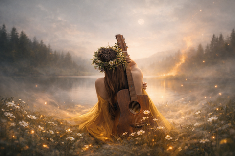 A cinematic fine-art image of a woman seen from behind, seated in a flowering meadow with a guitar, surrounded by a calm, atmospheric landscape symbolizing balance and inner harmony.