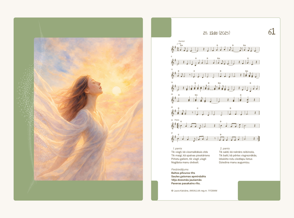 Dziesmu bukleta atvērums ar ilustrāciju kreisajā lapā un mūzikas notāciju ar tekstu labajā lapā.