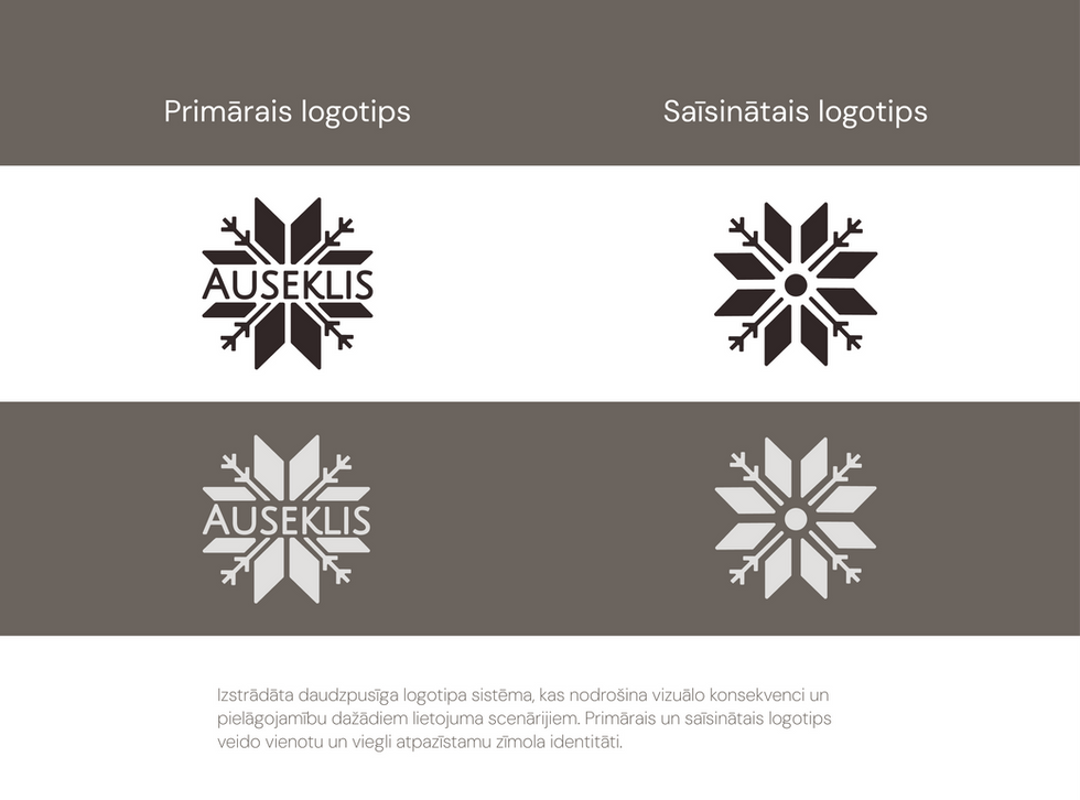 Primārā un saīsinātā SIA “Auseklis” logotipa variācijas dažādos krāsu risinājumos uz gaiša un tumša fona.