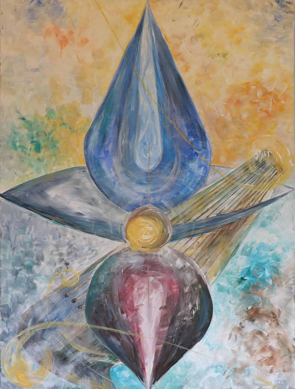 Abstraktas akrila gleznas “Apmaiņa” centrālā kompozīcija ar kustību un līdzsvaru