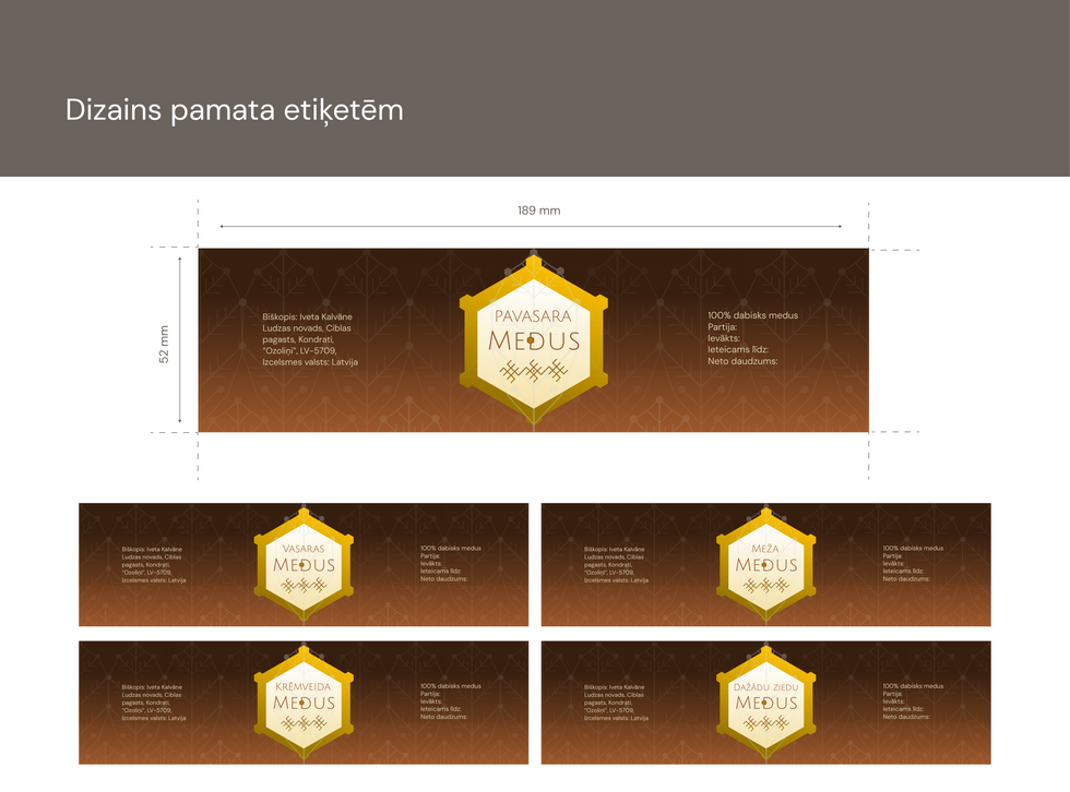 Medus produktu pamata etiķešu dizaina maketi ar vienotu zīmola identitāti.