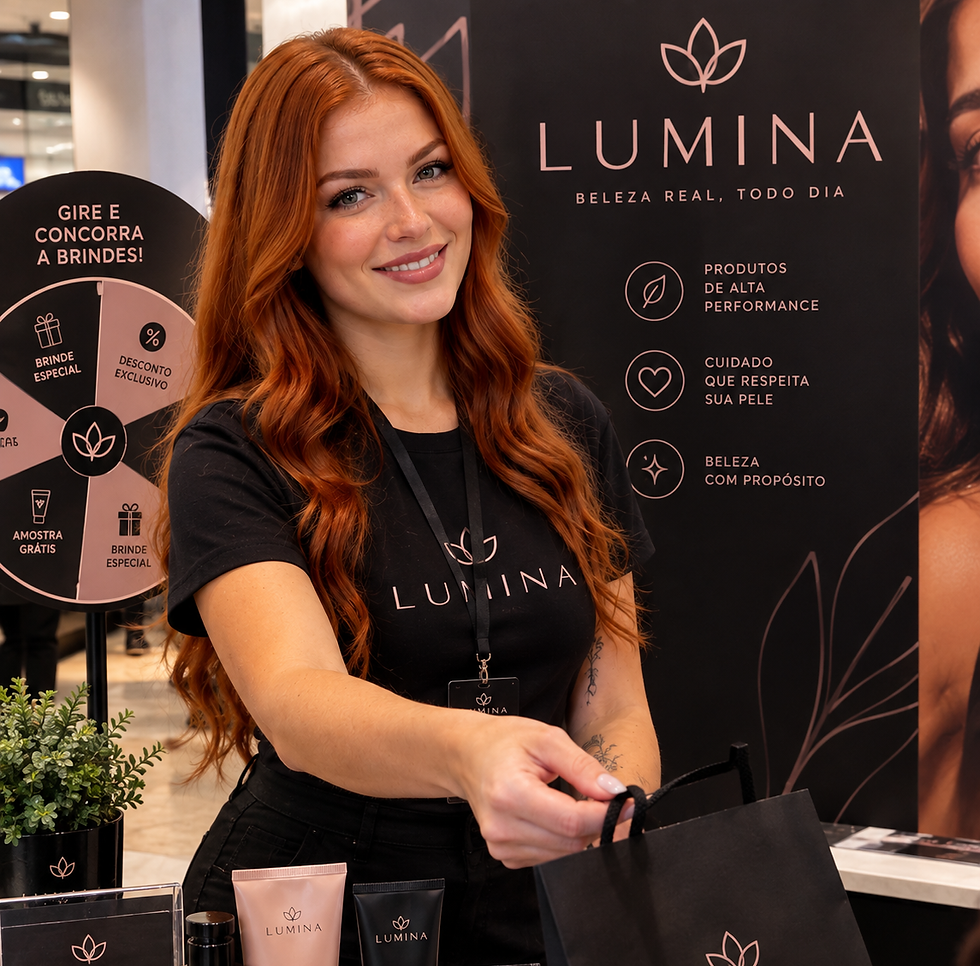 Promotora ruiva entrega sacola da marca Lumina Sorocaba em estande de cosméticos.