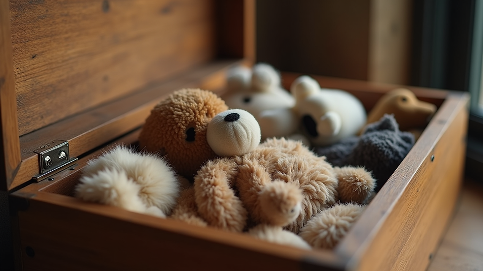 Close-up view of a wooden memory box filled with pet keepsakes