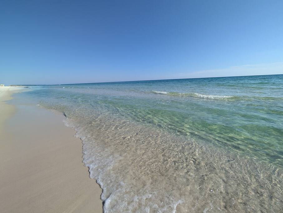 "Peaceful Navarre Beach shoreline with crystal-clear water and blue sky"
