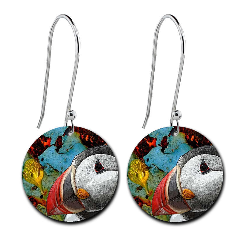 FA12E - Puffin Earrings on Blue