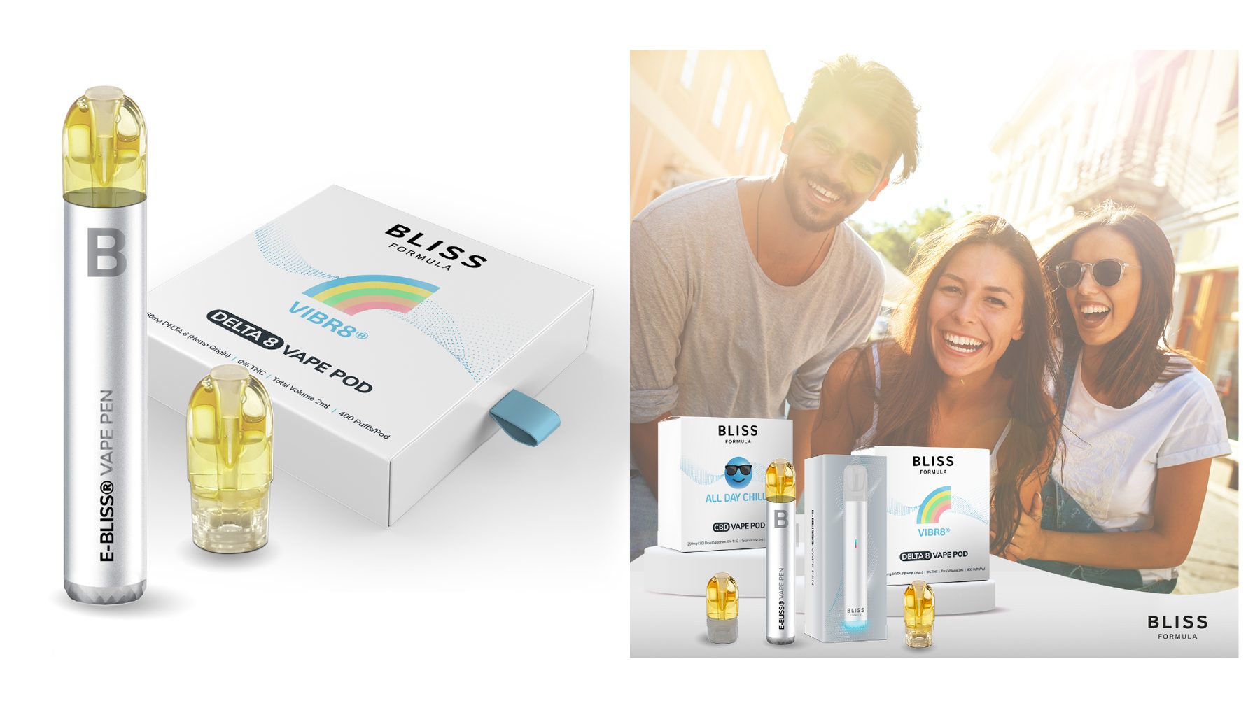 Bliss Formula vape device box and lifestyle campaign image