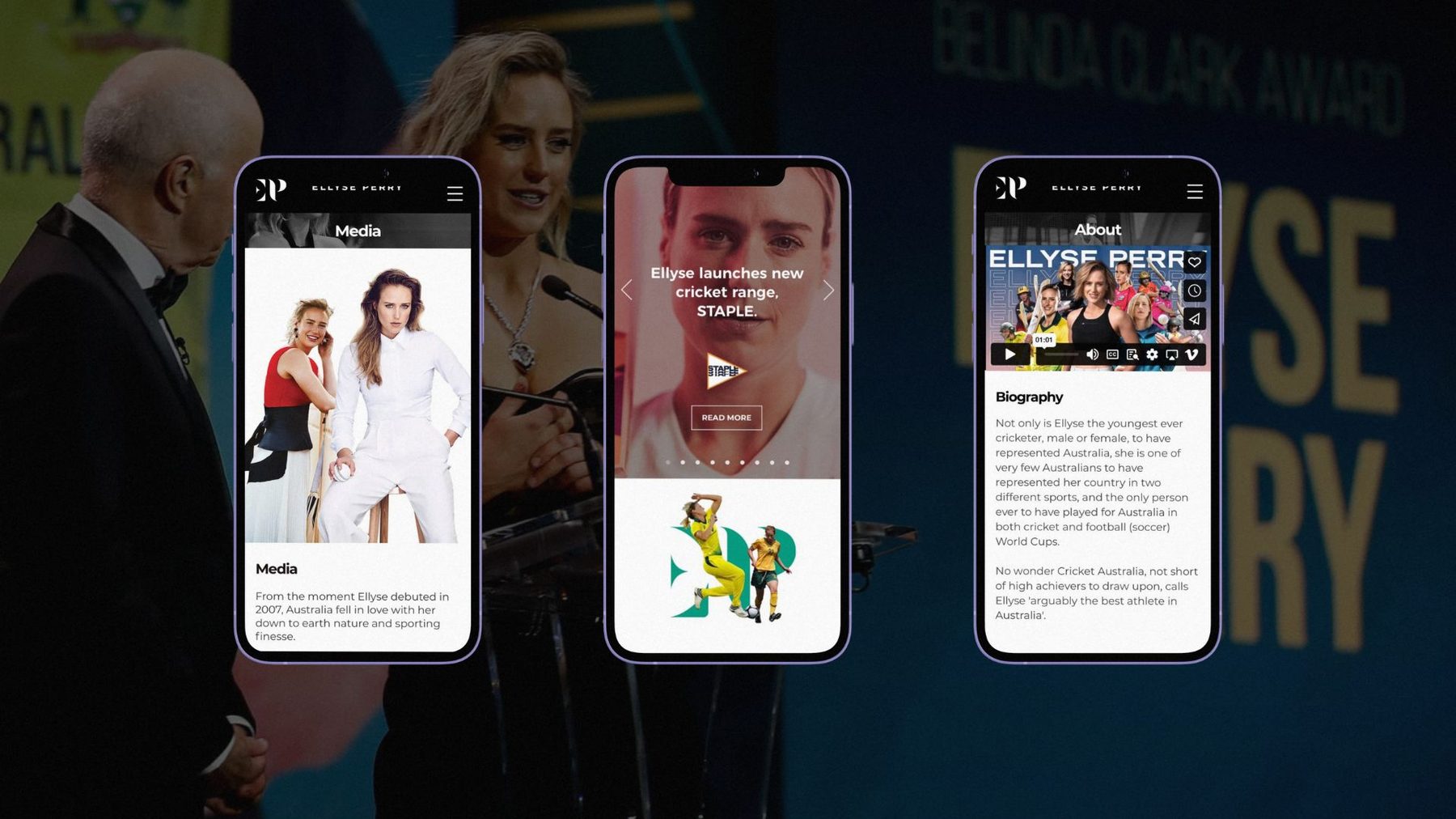 Ellyse Perry website on three mobile phones