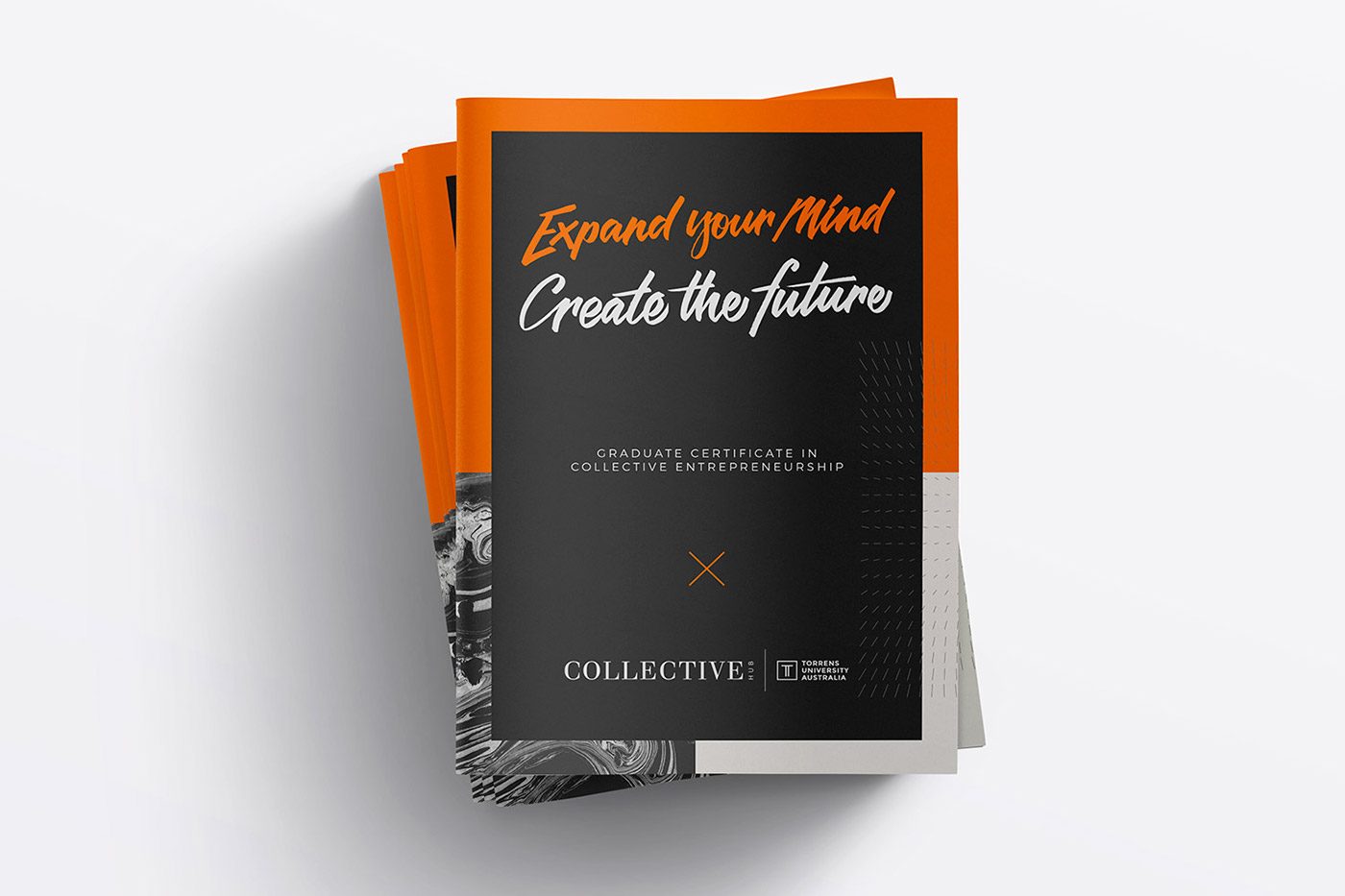 Collective Entrepreneurship course brochure covers in black and orange