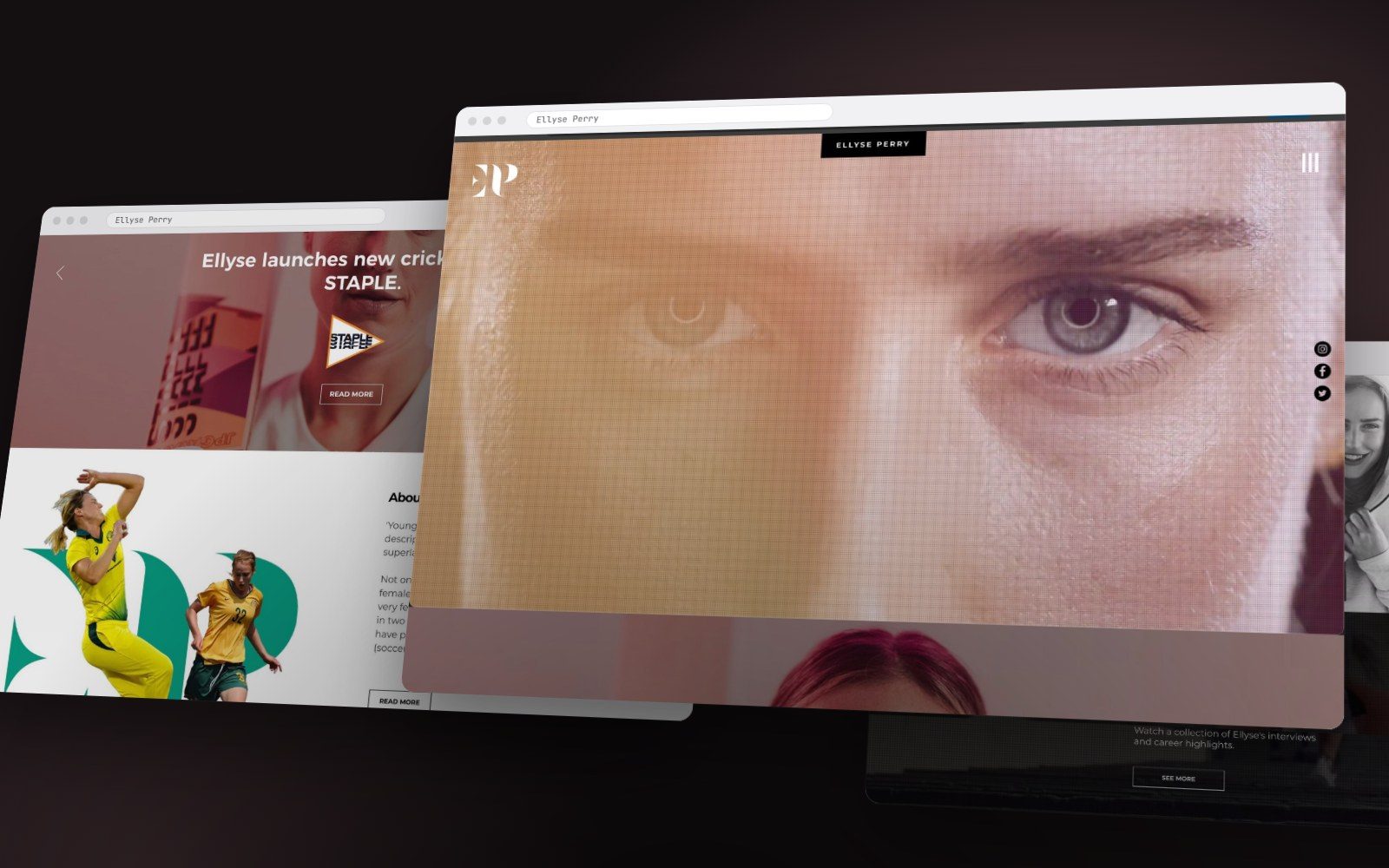 Ellyse Perry website on a desktop browser with a close-up portrait