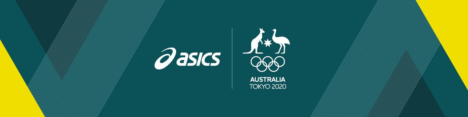 ASICS Australia Tokyo 2020 banner in green and gold with the Olympic team logo