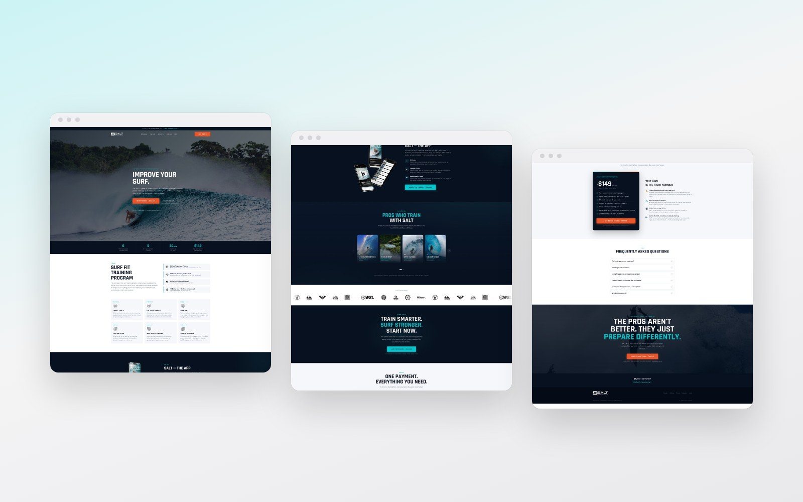 SALT Surf Fit website pages shown side by side