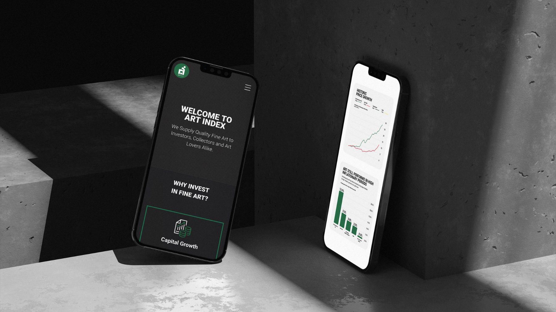 Art Index website on two mobile phones, with investment charts