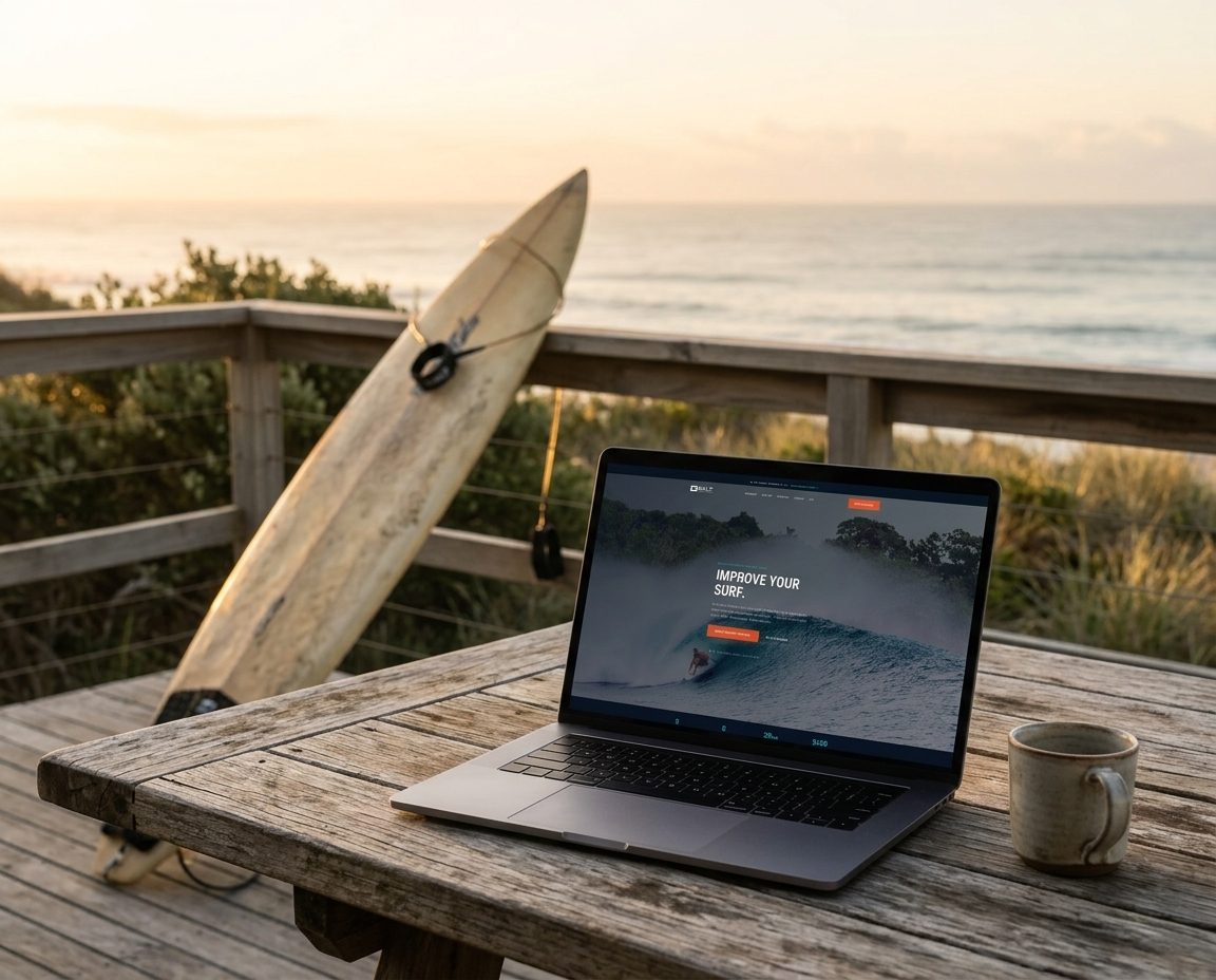 SALT Surf Fit website on a laptop at a beach lookout with a surfboard