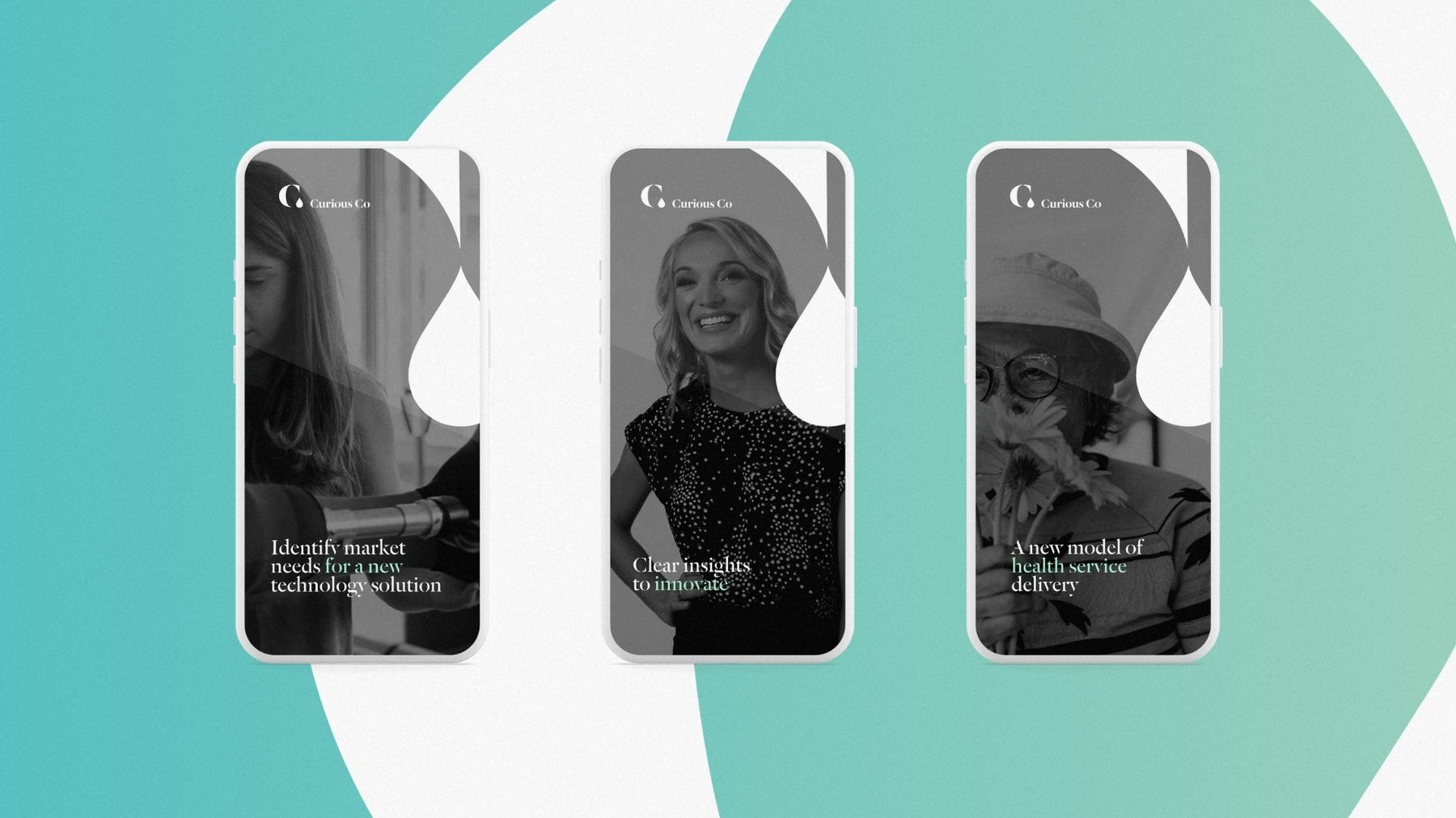 The Curious Co social posts on three mobile phones