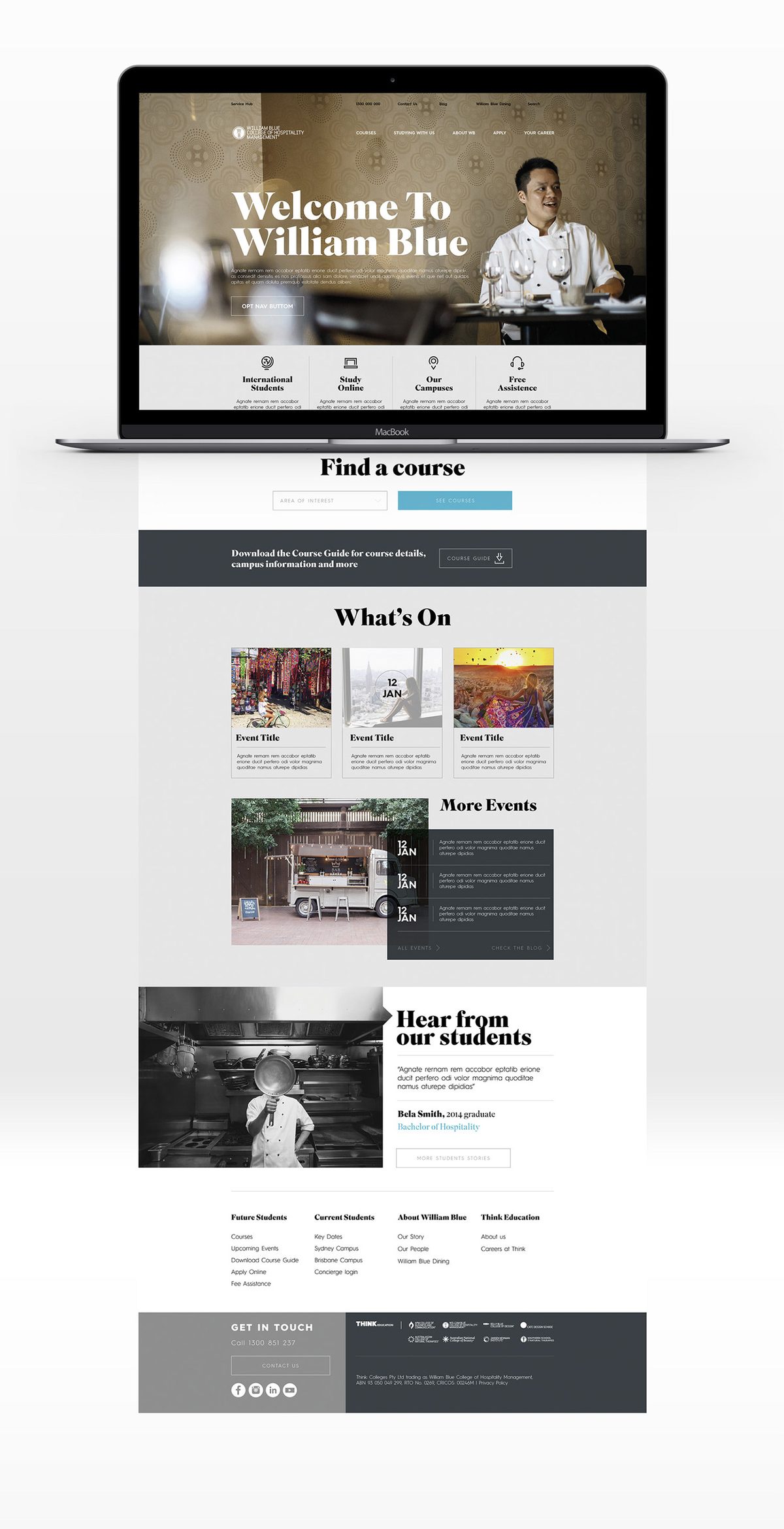 William Blue College website on a laptop with the full page scroll