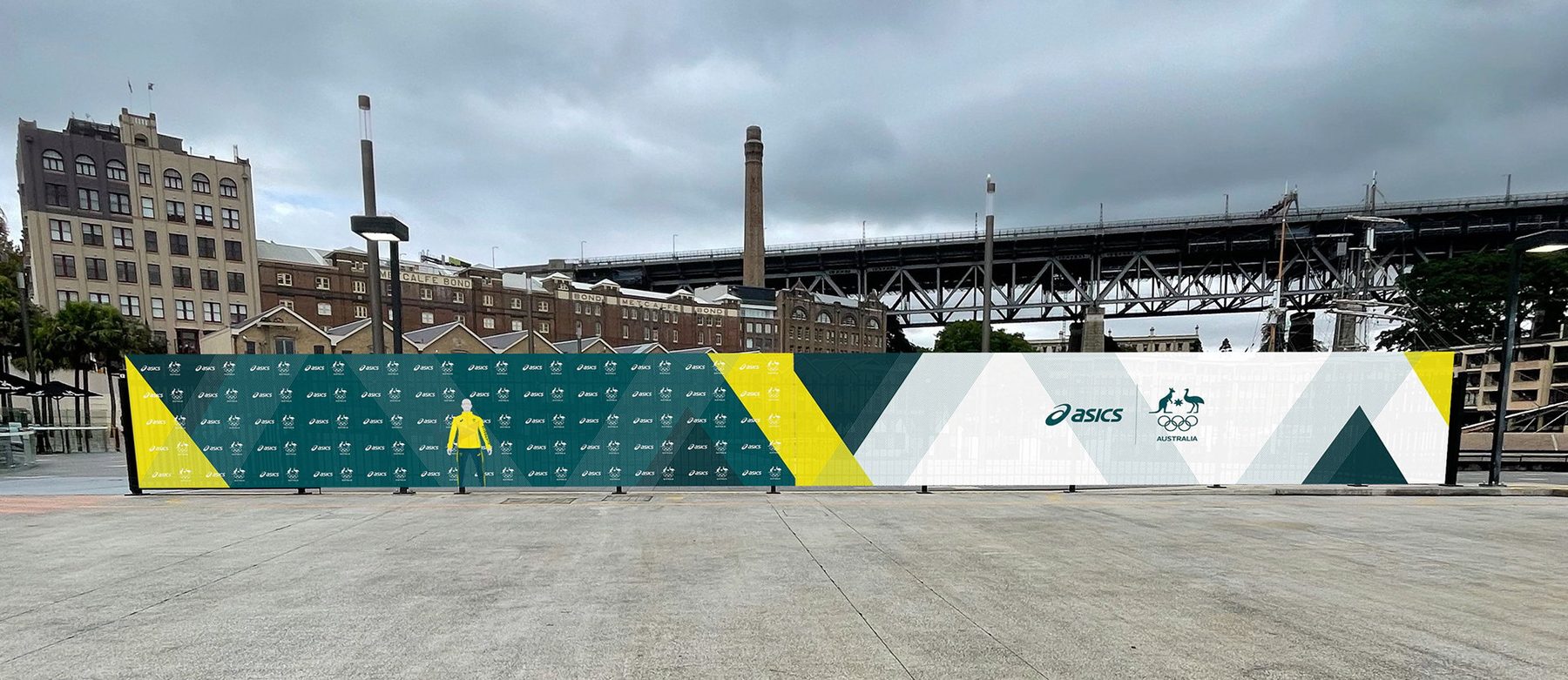 ASICS Tokyo 2020 media wall installed on the wharf at Sydney Harbour