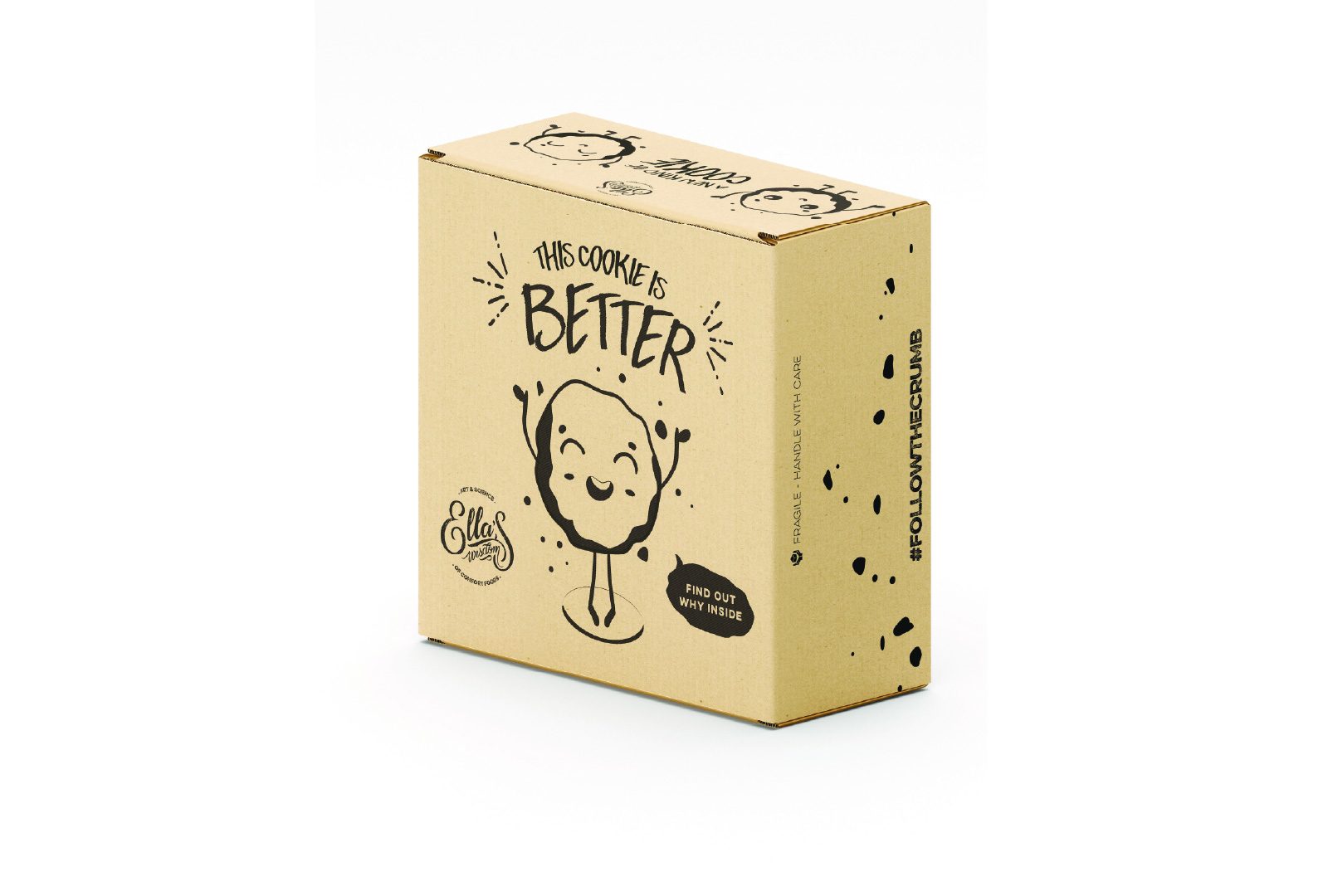 Ella's Wisdom Cookies kraft gift box with an illustrated cookie character