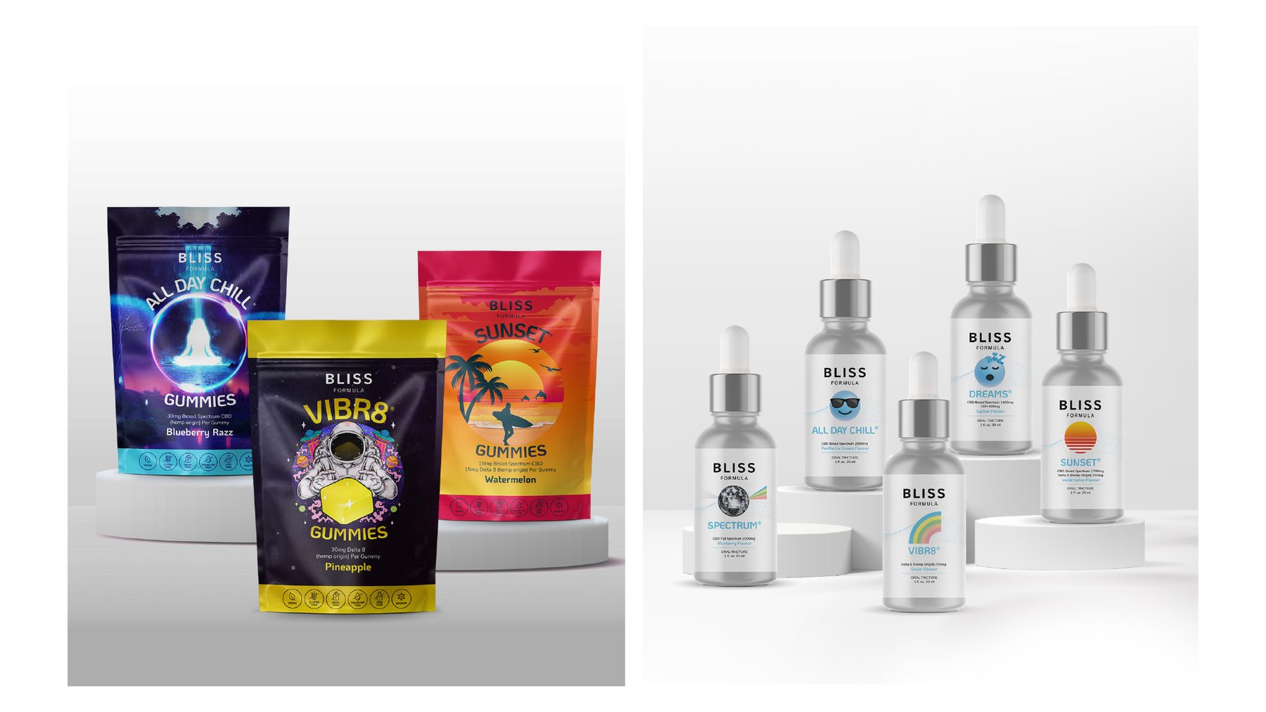 Bliss Formula pouches and dropper bottles packaging range