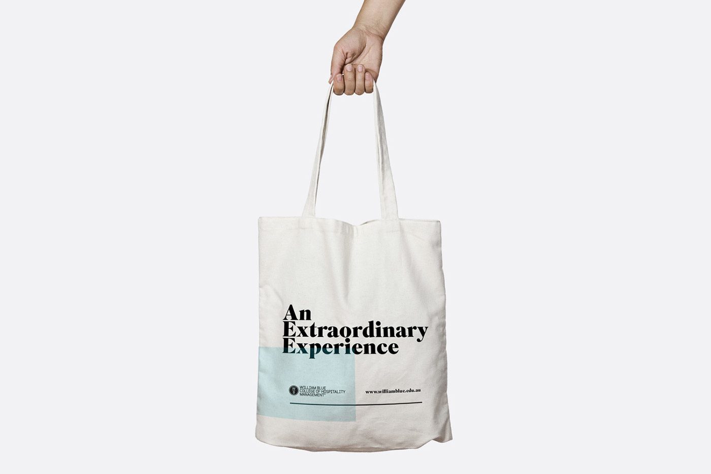 William Blue College tote bag reading An extraordinary experience