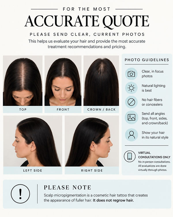 Photo guidelines for an accurate scalp micropigmentation quot showing top, front, crown, left side and right sid hair photos .