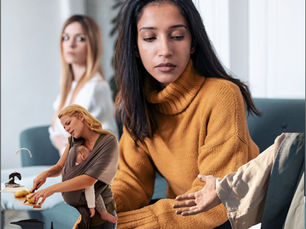 A thoughtful woman in a mustard sweater looks away while another woman and a busy mother work behind her; a comforting hand reaches toward her from the side, symbolizing the biblical Mary and Martha moment.