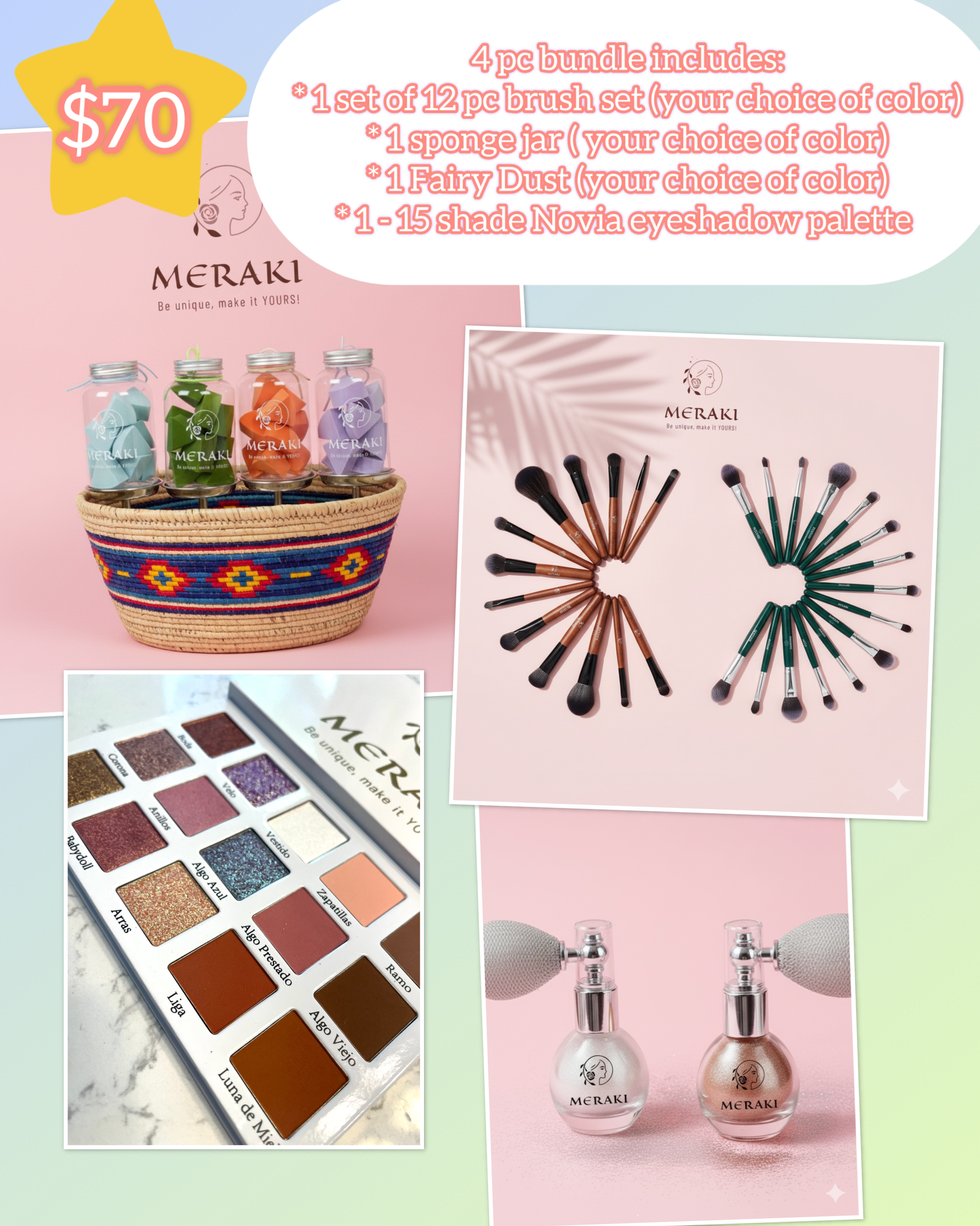 4pc Eyeshadow Bundle- 1-12pc brush set & 1 sponge jar & 1 Fairy Dust & Novia Pal