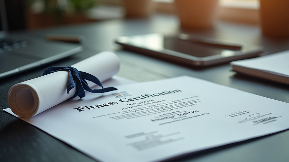 High angle view of a fitness certification diploma and training materials on a desk