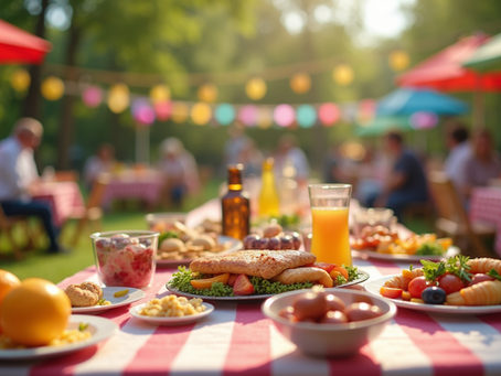 Eye-level view of a vibrant community picnic setup with colorful decorations