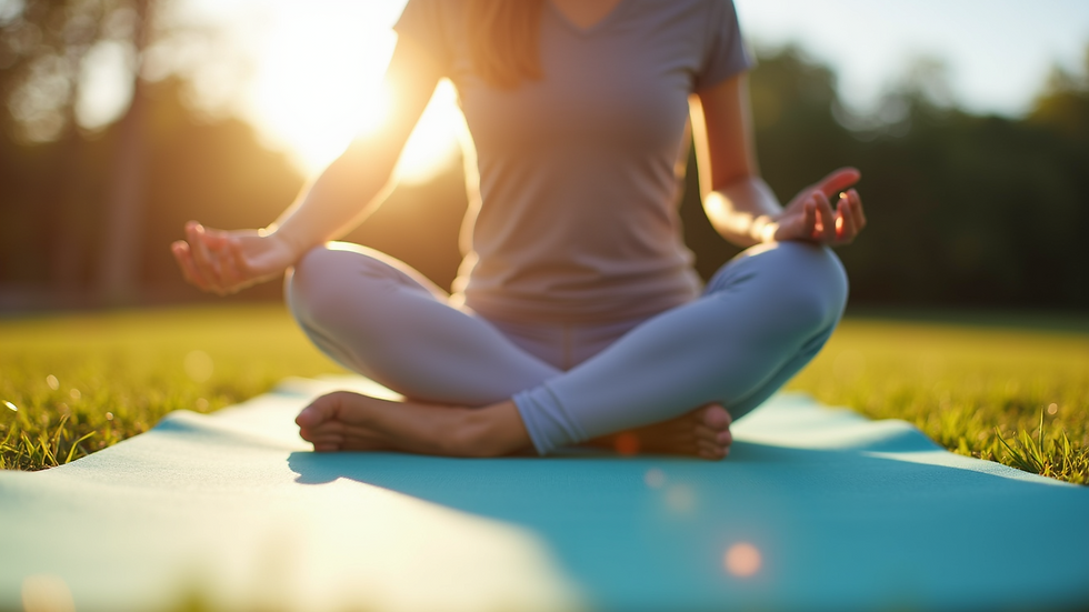 Eye-level view of a person practicing yoga outdoors on a mat