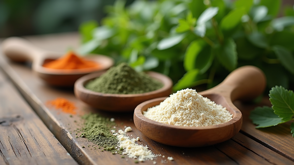 High angle view of fresh herbs and natural powders on a wooden table
