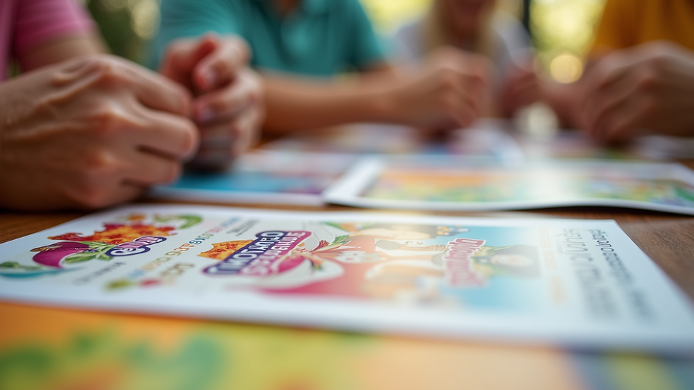 Close-up view of colorful event flyers and invitations on a table