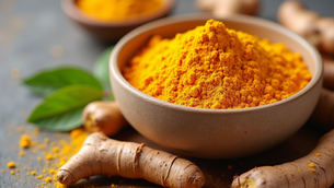 Close-up view of a bowl of fresh turmeric roots and powder