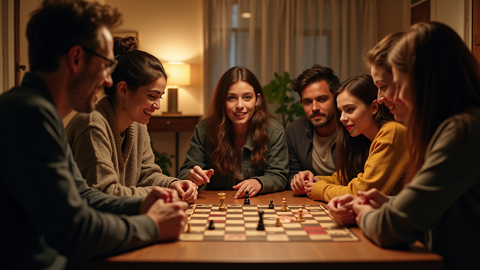 Wide angle view of a community gathering around a game table