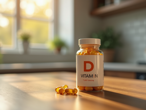Close-up view of a bottle of Vitamin D supplements