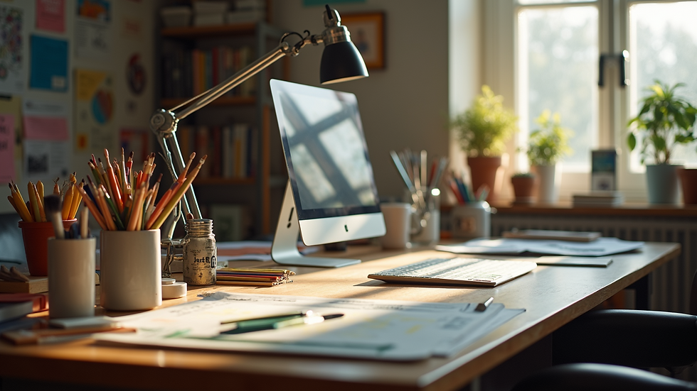 Wide angle view of home workspace filled with art supplies